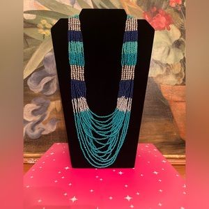 Tri-Colored 2 Shades of Blue & White Long Seed Bead NECKLACE